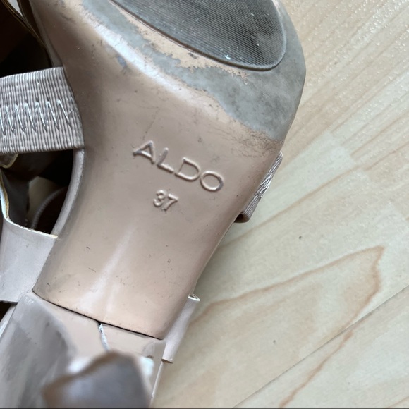 Aldo Cream Elastic Strappy Triangle Chunky Heels Size 7 - Picture 8 of 12